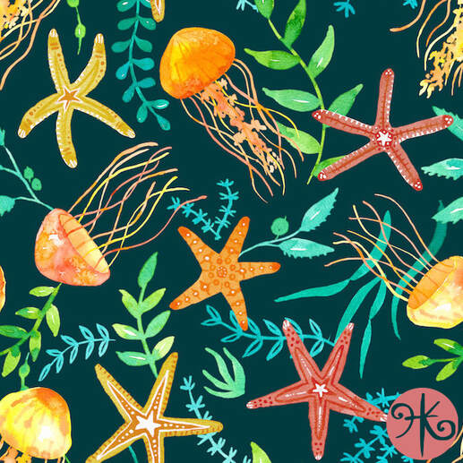 repeat pattern with jellyfish and starfish on teal background