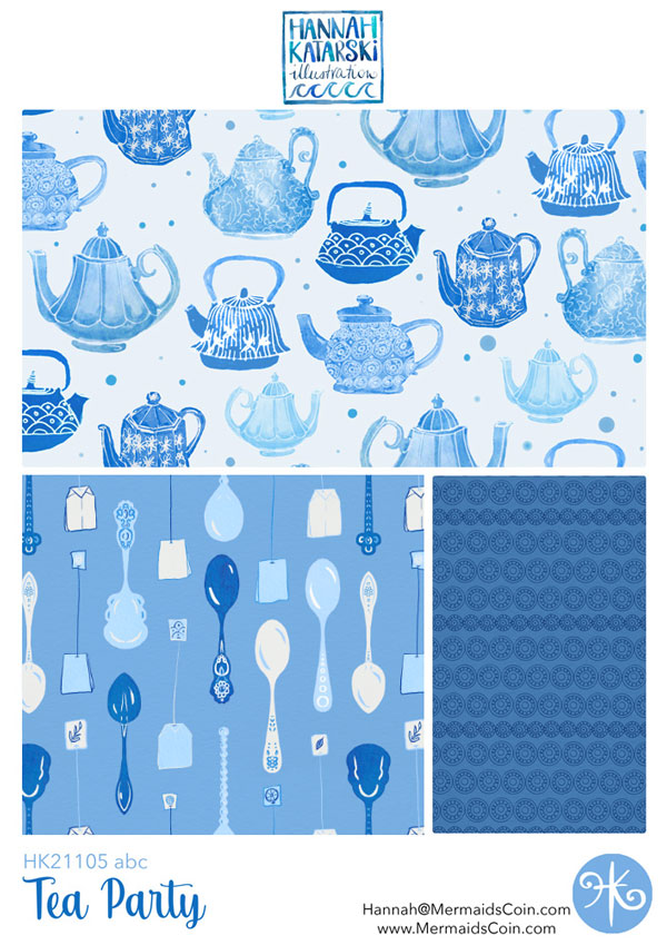 Tea Party pattern collection with teapots, tea bags and spoons in shades of blue