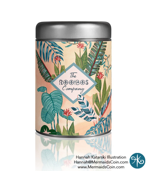 bark cloth inspired label design featuring tropical plants in gouache