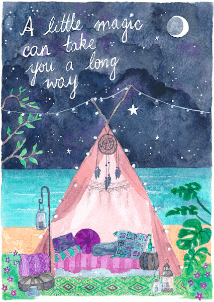 Boho tipi camping at the beach animation in watercolour
