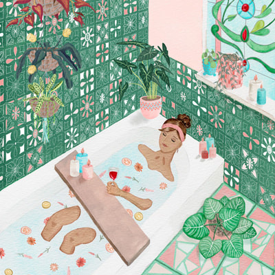 Intricate painting of lady relaxing in the bath with pink and green tiles