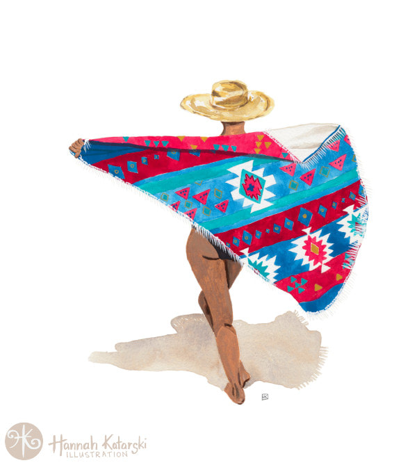 Beach babe Illustration with aztec patterned towel in gouache