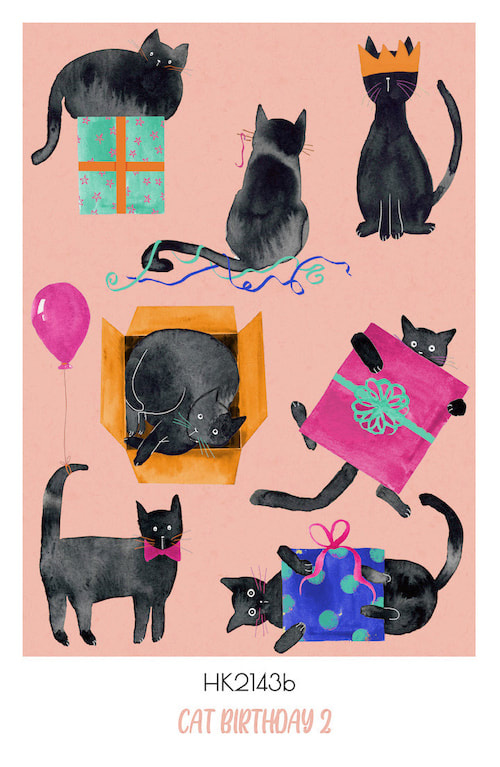 cheeky birthday cats painted in ink and gouache greeting card surface design