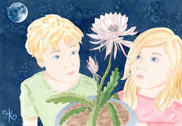 Editorial: Blossoming - siblings amazed by 'Queen of the Night' cactus blooming - watercolour illustration