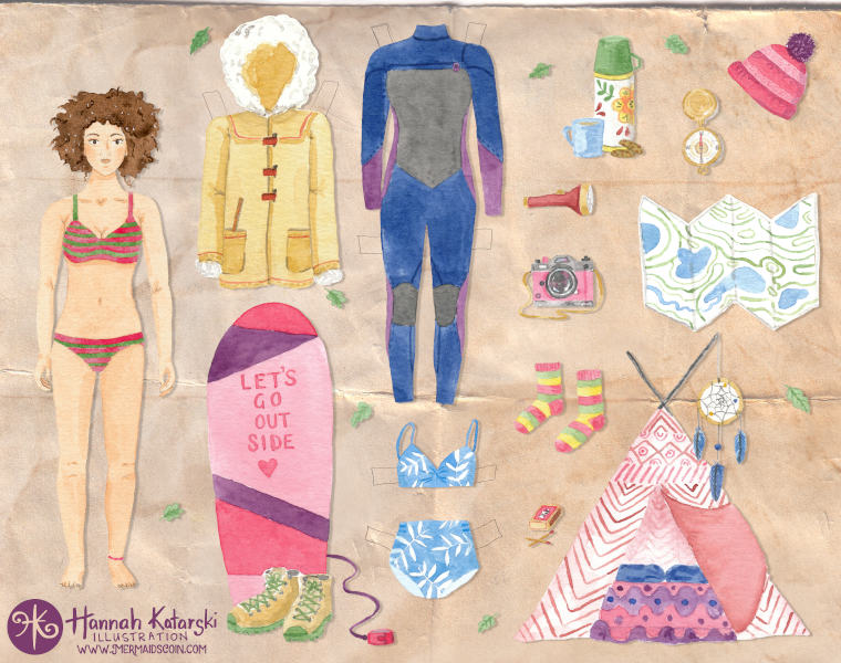 watercolour paper doll concept artwork - winter camping