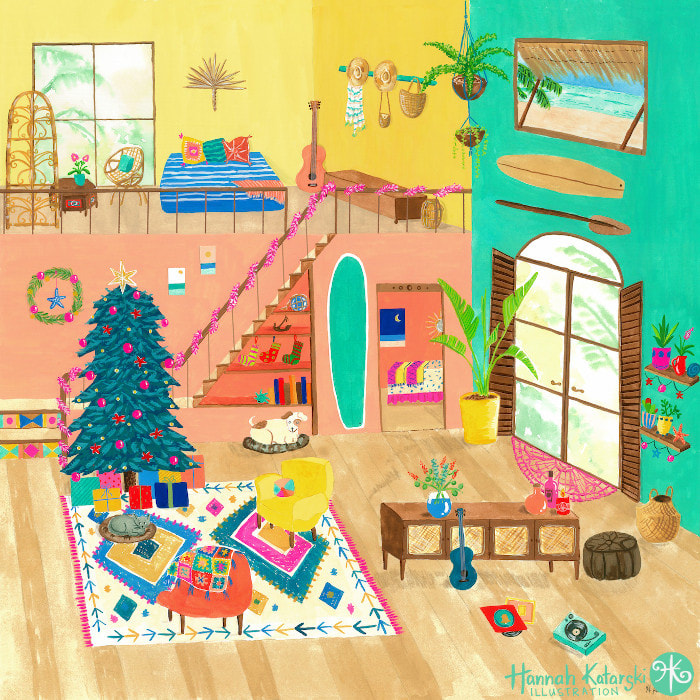 Gouache artwork of a hawaiian beach house decorated for Christmas