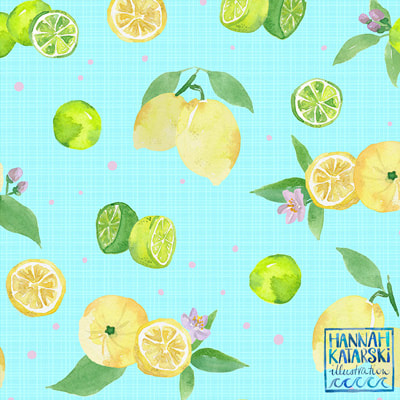 Summer Citrus - watercolour pattern with yellow, mauve and baby blue