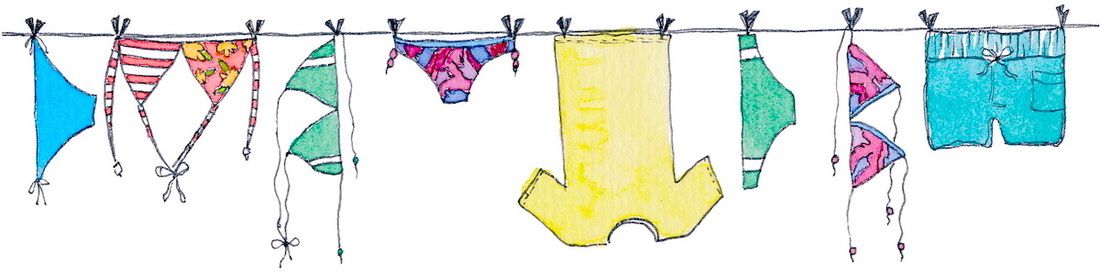 illustrated clothesline with beach wear and bikinis watercolour