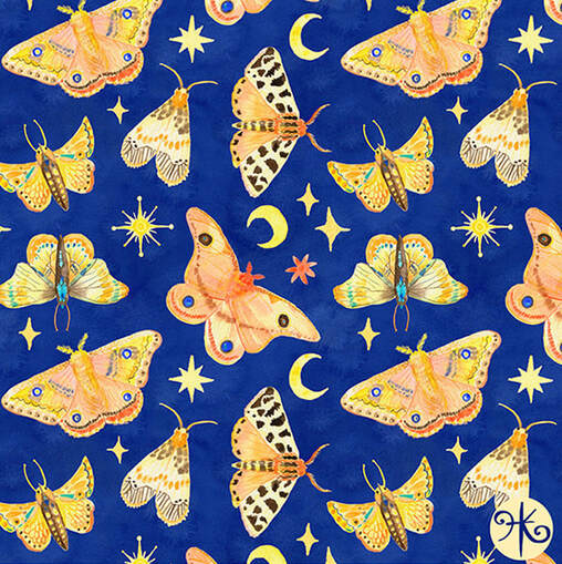 Detailed watercolour pattern with moths, stars and moons in yellow on a blue background.