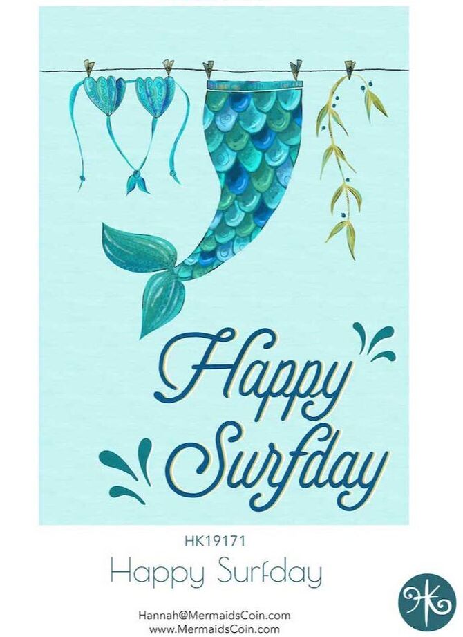 'Happy Surfday' greeting card design with hand lettering and a mermaid tail