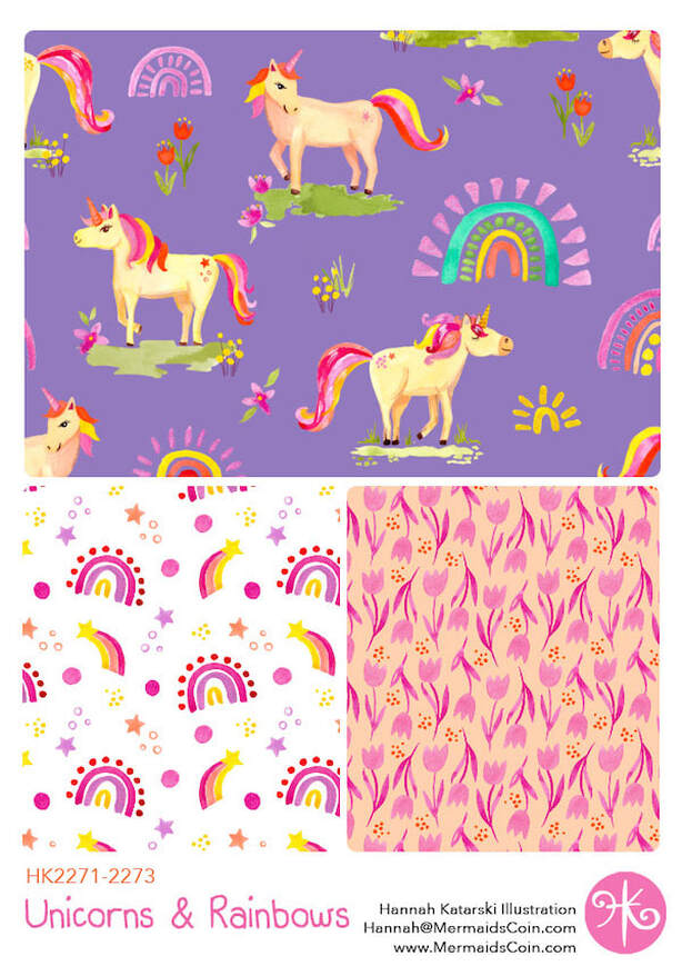 unicorns and rainbows pattern collection in pink and mauve