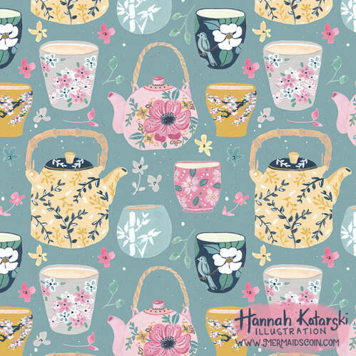painted Japanese teacups and teapots on pink background