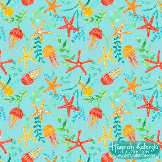 repeat pattern with jellyfish and starfish on aqua background