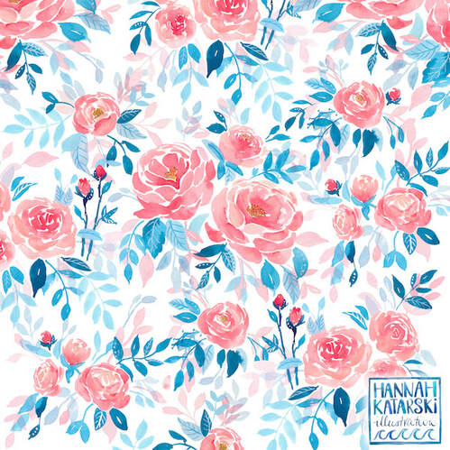 Complex pattern foral repeat, romantic roses in pink and blue