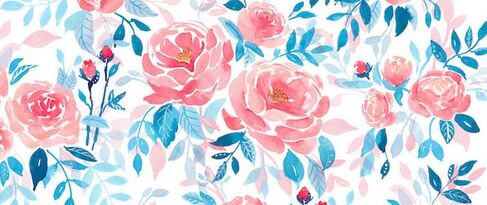 Complex pattern foral repeat, romantic roses in pink and blue