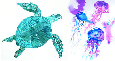 Watercolour sea turtle and jellyfish