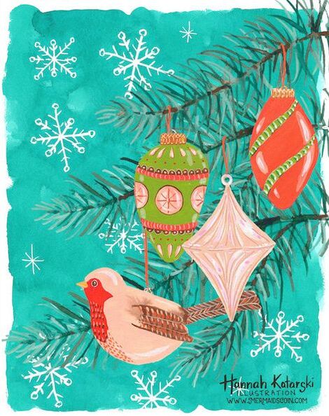 Greeting card illustration featuring Vintage Christmas ornaments