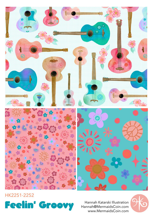 Feelin' Groovy 1960s inspired patterns with hippie guitars and flower power motifs