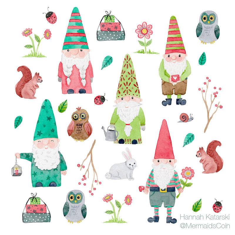 Illustrated motifs for bedding and childrens wall art: gnomes and watercolour woodland animals