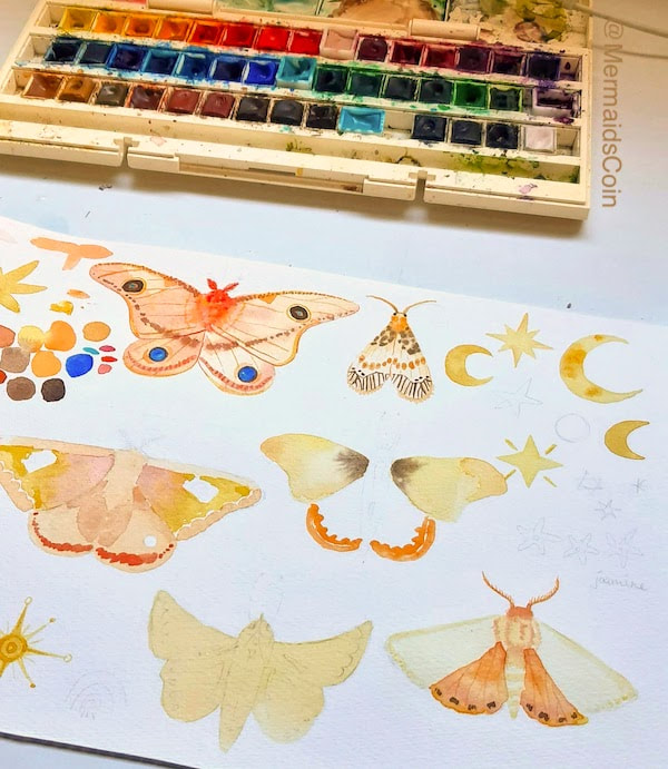 Watercolour moth painting in progress