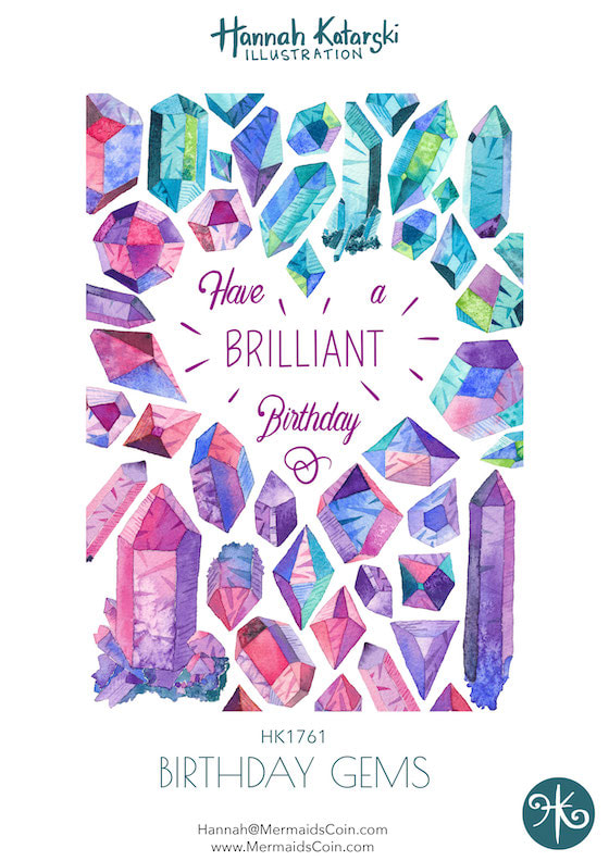 Birthday card artwork - crystals and gems in watercolour