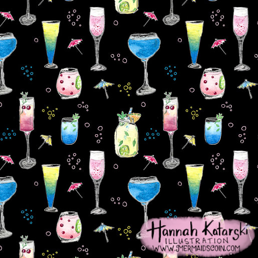 cocktail hour fun repeat pattern with tropical drinks