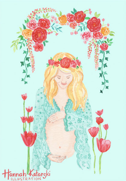 Editorial: Maternity illustration with pregnant woman looking radiant in a crown of roses under a floral arbour