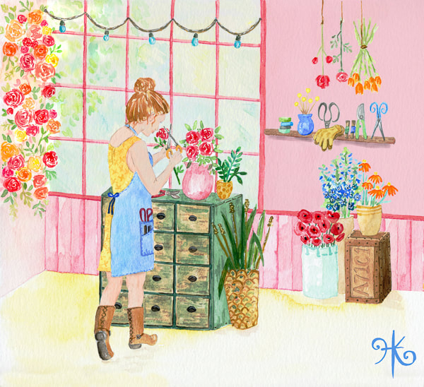 Florist at work in her light-filled shop illustration in watercolour