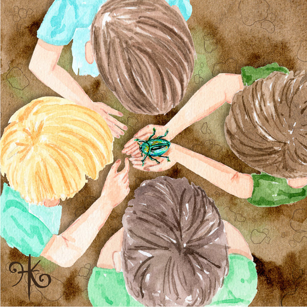 editorial artwork - boys discovering a beetle