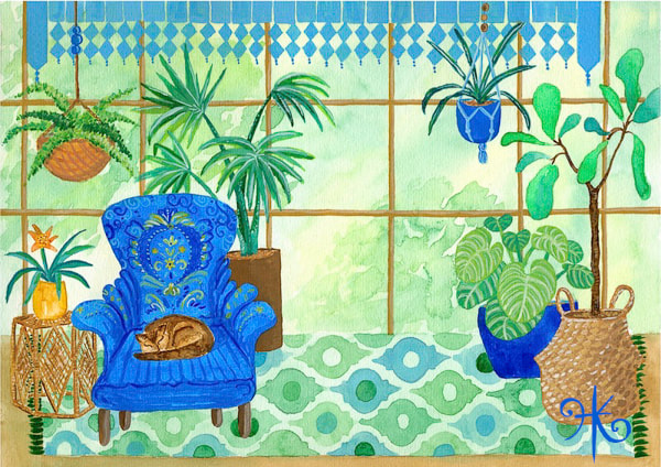 gouache illustration of a conservatory room with ornate chair, tabby cat and filled with tropical plants 