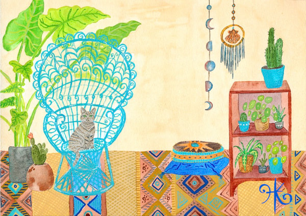 gouache and watercolour painting of a mexican style living room with peacock chair, grey cat, patterned rug and indoor plants 
