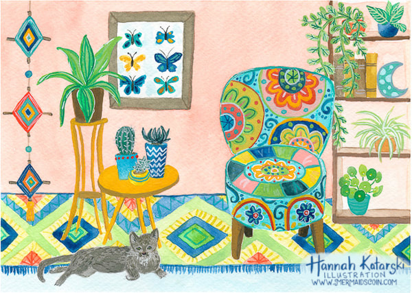 gouache illustration of a living room with ornate chair, grey cat and indoor plants 