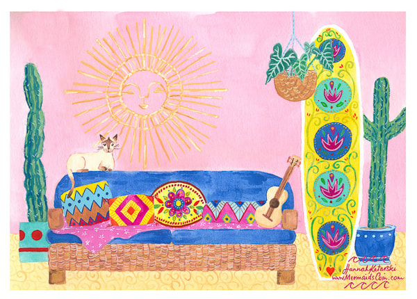 gouache illustration of a santa fe style living room with ornate cushions, surfboard, siamese cat and cactus