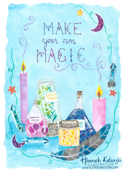 Potions and candles in watercolour with hand lettering