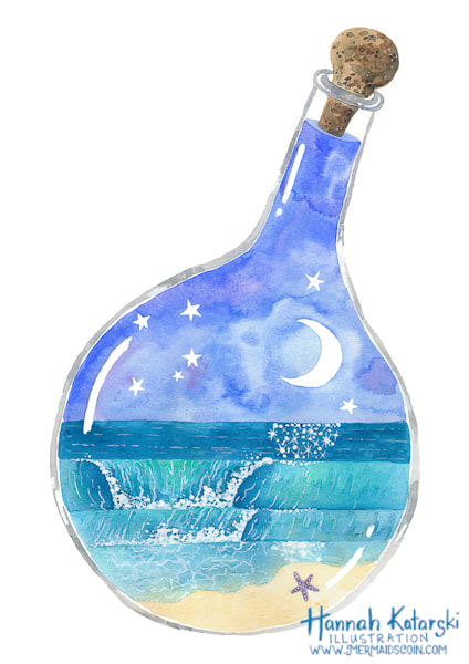 watercolour illustration of the ocean and moon in an old fashioned bottle with a cork