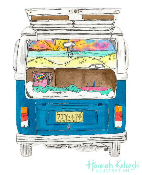 VW kombi surf car with pink surfboard and beach gear at sunset