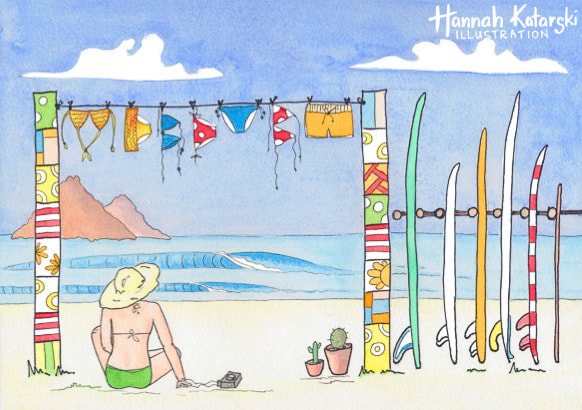 beach illustration with bikini girl, surfboards and clothesline