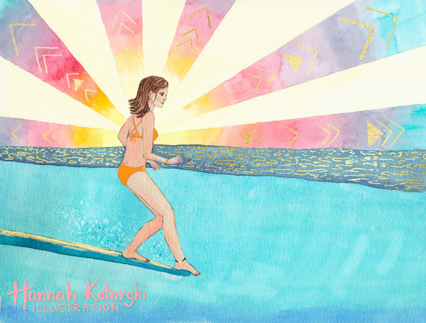 Toes on the nose surfer girl 'hanging 5' surfing illustration in watercolour