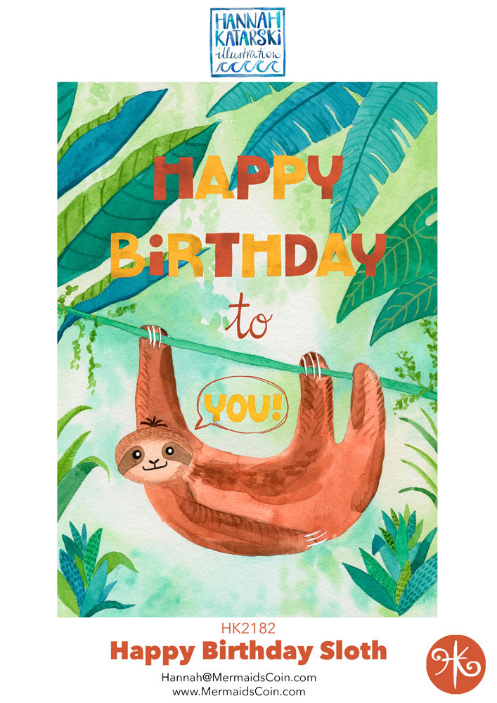 Happy Birthday sloth greeting card design for kid