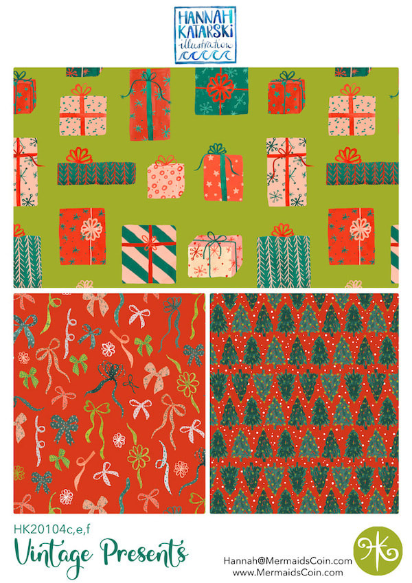 Red and green Christmas present and tree surface pattern design collection