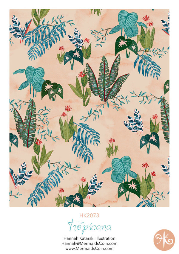 Tropicana - barkcloth inspired pattern on peach background for wallpaper licensing