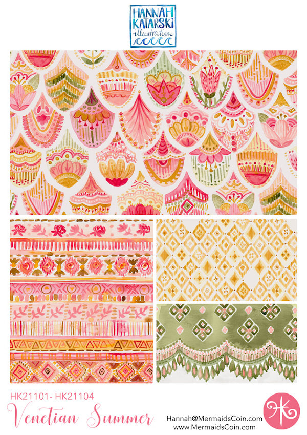 Pattern Library collection of art nouveau inspired, watercolour painted pattern designs