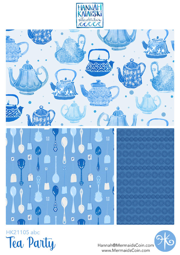 Tea Party pattern collection with teapots, tea bags and spoons in shades of blue