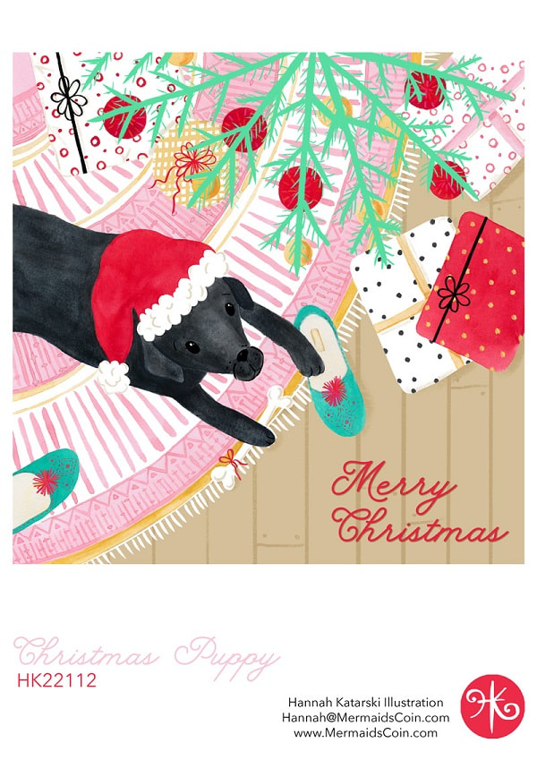 black dog under christmas tree painting