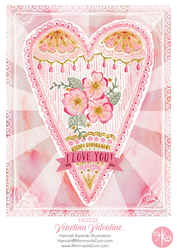 Valentines Day greeting card design featuring pink watercolour heart and florals