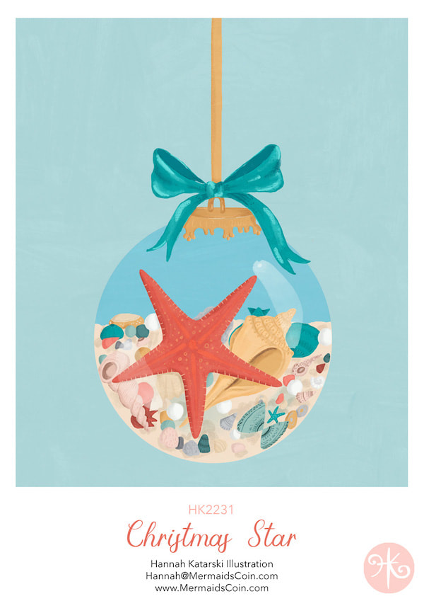 Coastal Christmas ornament greeting card design with starfish and shells