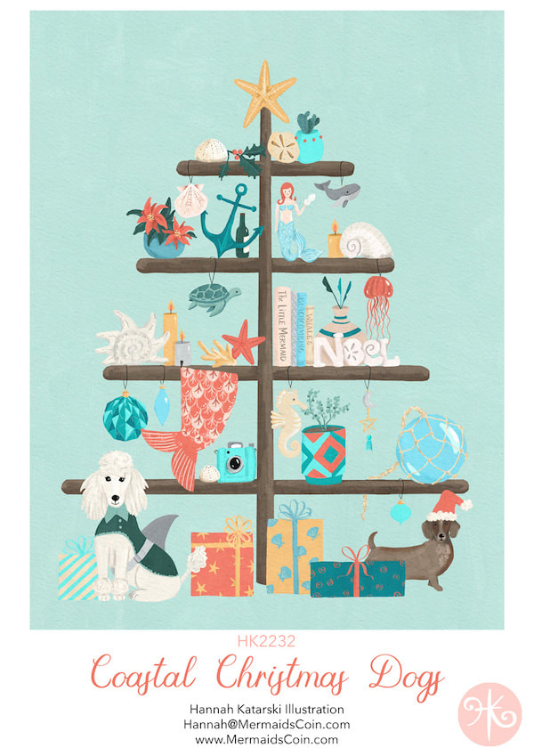 Coastal Christmas shelf illustration with poodle, sausage dog and nautical objects