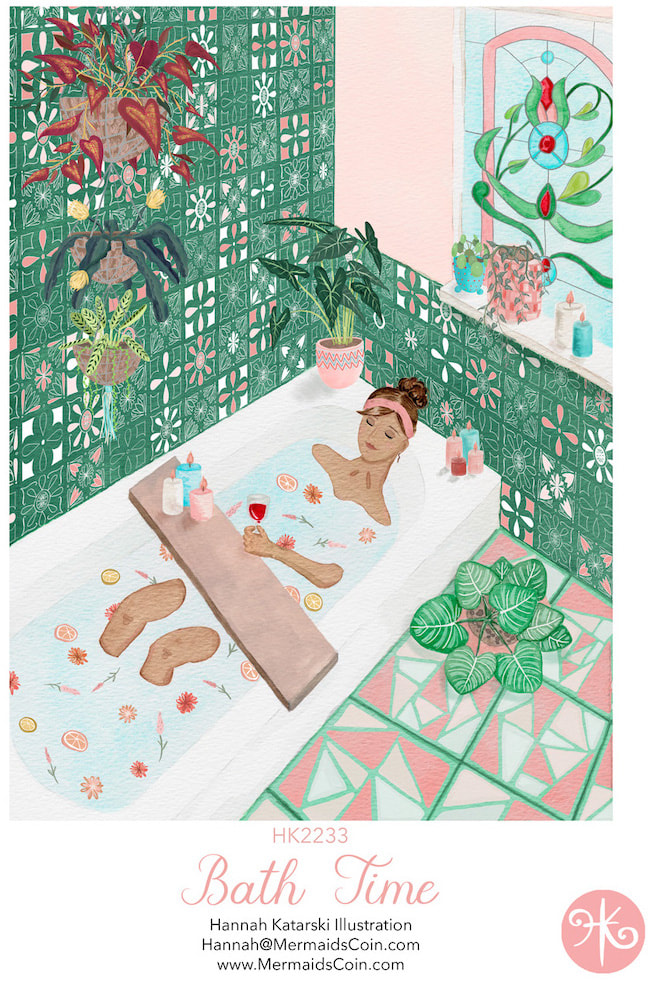 Relaxing bath time illustration with ornate tiles and indoor plants