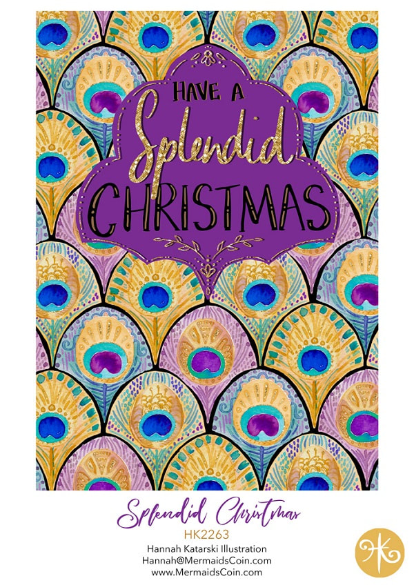 Glittery christmas card design featuring watercolour peacock feathers