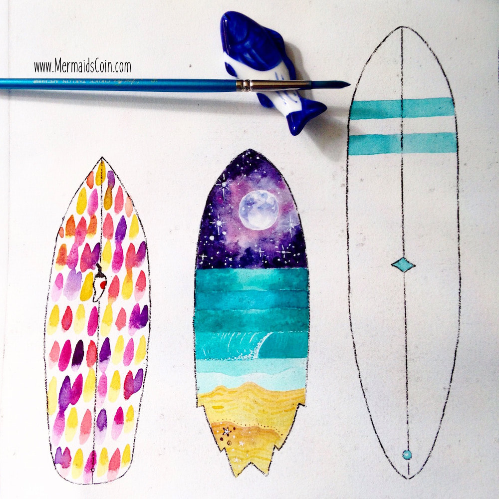 Watercolour surfboard quiver surf art